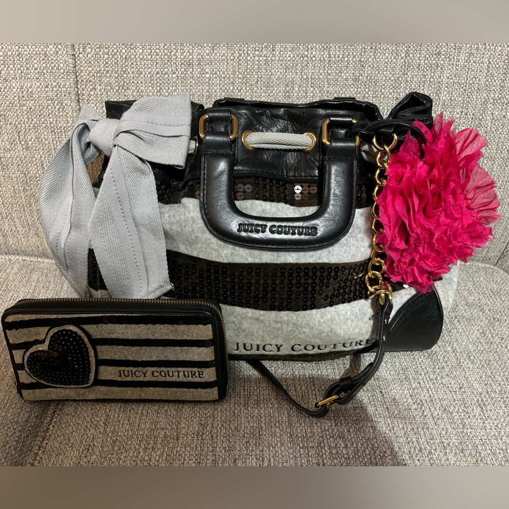 Juicy Couture black pink sequin stripe daydreamer bag and wallet set y2k